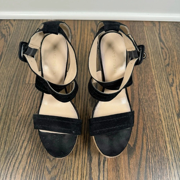 Marc Fisher Black Leather Haely Espadrille Platform Wedges size 7 - Picture 2 of 9